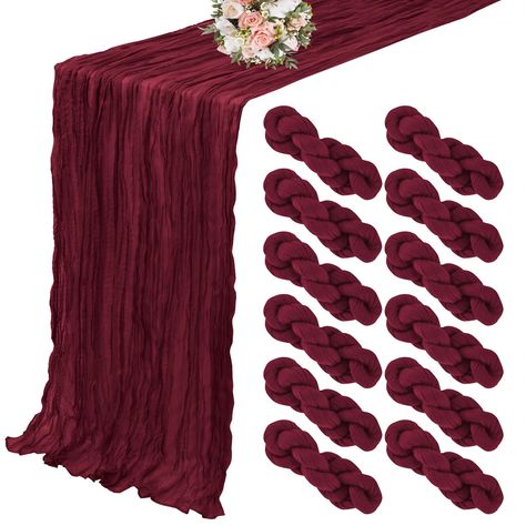 PRICES MAY VARY. Polyester 🎁【Package Include】：You will get 12 pieces 10ft length burgundy cheesecloth table runner,Product size: 35 inches wide and 120 inches long, suitable for round or square tables that can accommodate 8-10 people. Perfect for romantic and elegant party events. 🎁【Premium Material】：The elegant burgundy table runner is made of high-quality polyester, featuring good durability and flexibility,the edge of the table runner is locked with delicate stitching, not easy to fall off, Maroon Table Runner, Maroon Wedding Centerpieces, Maroon Centerpieces, Burgundy Baby Shower Ideas, Burgundy Table Setting, Emerald Green And Burgundy Wedding, Burgundy And Purple Wedding, Burgundy And Gold Wedding Reception, Burgundy Party Decorations