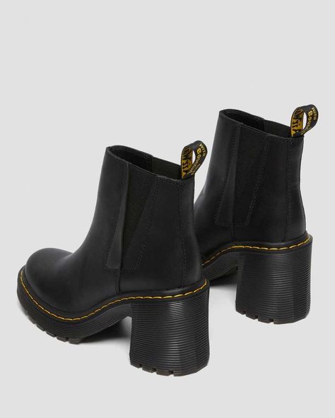 Spence Leather Flared Heel Chelsea Boots | Dr. Martens Heeled Dr Martens, Dr Martens Knee High Boots, Heeled Chelsea Boots Outfit, Dr Martens Heels, Dr Martens High Heels, Dr Martens Shoe, Heel Chelsea Boots, Boss Shoes, Heeled Chelsea Boots