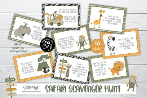 RUMBLE IN THE JUNGLE! Add some adventure to your safari themed birthday or baby shower with this editable set of scavenger hunt clue cards. Simply download, print and cut! ★ TRY BEFORE YOU BUY! ★ Just to see how easy peasy this is to use, check out my free demo here: (copy/paste the following URL Safari Scavenger Hunt, Safari Party Games, Clue Cards, Children Ministry, Treasure Hunt Clues, Scavenger Hunt Clues, Baby Shower Party Games, Rumble In The Jungle, Jungle Safari Party