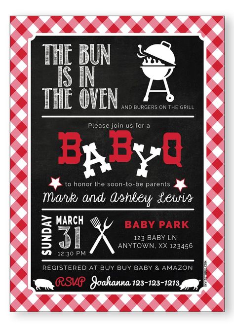 Baby Q backyard baby shower invitation Baby Shower Barbeque, Babyque Shower, Bbq Baby Shower Decorations, Barbecue Baby Shower, Ash Baby, Baby Q Invitations, Bbq Baby Shower, Bbq Baby Shower Invitations, Baby Q Shower