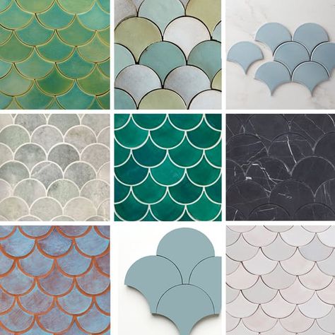 Fish scale tiles (also know as fan tiles or scallop tiles) are one of our favorite shapes right now, so we've rounded up a list of sources for these beauties. Whether you're looking for tile for your floor or your walls, terra cotta tile or marble tile or glass tile or cement tile, we've got something here for you. Fish Scale Tiles, Terra Cotta Tile, Scallop Tiles, Moroccan Fish Scale Tile, Moroccan Fish Scale, Ogee Drop, Mercury Mosaics, Fish Scale Tile, Moroccan Tile