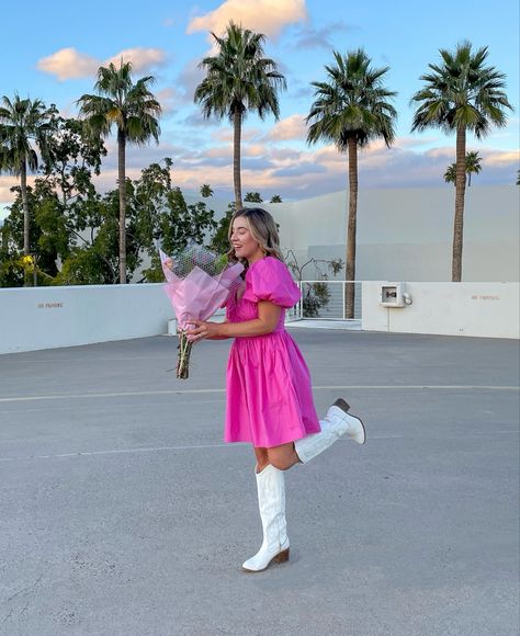 Pink Dress With White Cowboy Boots, Hot Pink Dress With Cowboy Boots, Pink Dress White Cowboy Boots, Pink Dress With Cowgirl Boots, Pink Dress Cowgirl Boots, Pink Dress Cowboy Boots, White Cowboy Boots Outfit Dress, Pink Dress With Cowboy Boots, Pink Dress White Boots