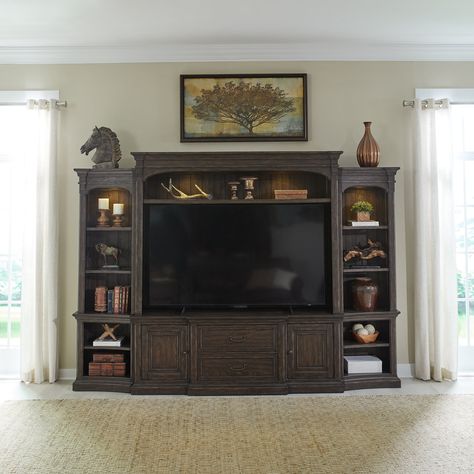 Canora Grey Saben 78" Entertainment Console - Saddle Brown | Wayfair Wood Entertainment Center, Entertainment Wall Units, Entertainment Wall, Entertainment Console, Storage Credenza, Paradise Valley, Tv Stands And Entertainment Centers, Entertainment Furniture, Saddle Brown