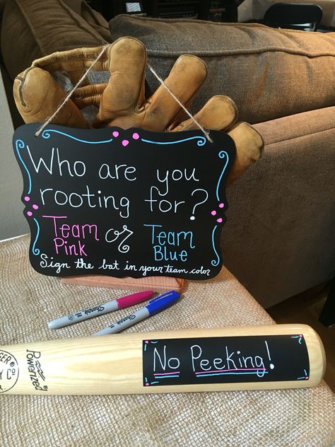 Baseball Gender Reveal--have guests sign bat in pink or blue as they arrive. "No Peeking" tape is for bat engraved with gender. Pink And Blue Baseball Gender Reveal, Bats Or Bows Gender Reveal, Baseball And Softball Gender Reveal, Baseball Themed Gender Reveal Party, Baseball And Bows Gender Reveal Ideas, Baseballs And Bows Gender Reveal, Baseballs Or Bows Gender Reveal Party, Softball Baseball Gender Reveal, Softball Or Baseball Gender Reveal