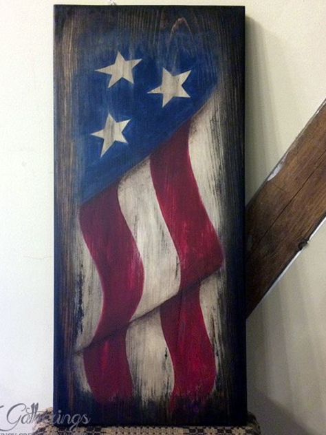 Rustic Flag Wood, Painted Flags On Wood, Patriotic Pallet Ideas, American Flag Painting Ideas, Red White And Blue Painting, Patriotic Acrylic Painting Ideas, Patriotic Signs Wooden, Flag Painting Ideas, Patriotic Wood Crafts