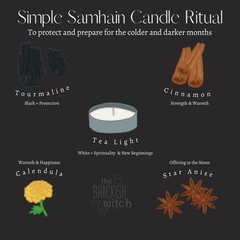 To honor Samhain you can take a tea light and put in cinnamon, black tourmaline, anise seed, and calendula for a simple candle ritual. Samhain Ritual Witchcraft, Pagan Autumn, Witches Wheel, Samhain Altar, Candle Ritual, Samhain Ritual, Fall Into Winter, Wiccan Sabbats, Witchcraft Candles