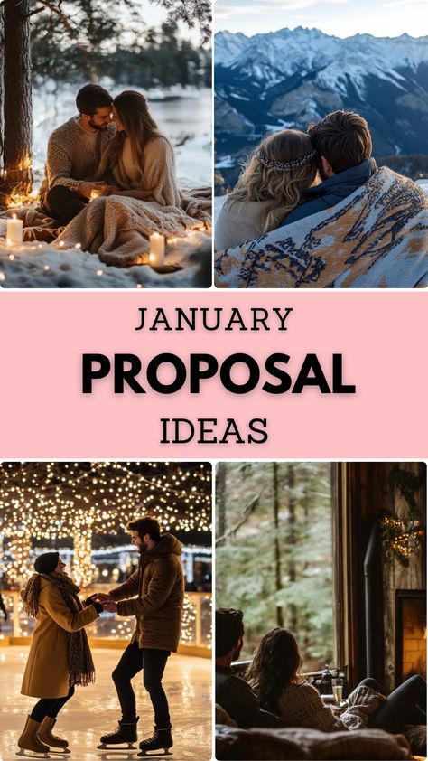 A romantic winter proposal with a couple in cozy January outfits by a snowy backdrop. Winter Proposals Ideas, Proposal Photo Ideas, New Years Proposal, Proposal Set Up Ideas Outside, Winter Proposal, Romantic Ideas, Engagement Stories, Proposals Ideas, Winter Engagement