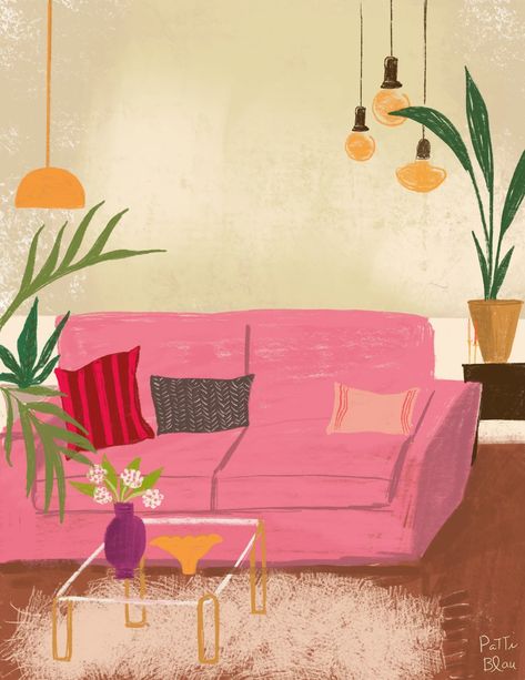 House Interior Illustration Art, Couch Painting Art, Home Interior Illustration, Couch Illustration, Interior Design Illustration, Living Room Illustration, Green Couch Living Room, Living Room Drawing, Bedroom Illustration