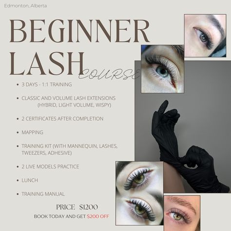 ‼️🆘Price: $1200 (Book today and get $200 OFF!)🆘‼️ 🎓 Beginner Lash Course in Edmonton, Alberta! 🎓 Are you ready to start your journey as a professional lash artist? Join my 3-Day 1:1 Beginner Lash Course this August and transform your passion into a profession! Course Details: 📅 Duration: 3 Days 👩‍🏫 Training: 1:1 Personalized Training 💖 Techniques: Classic and Volume Lash Extensions (Hybrid, Light Volume, Wispy) 🎓 Certificates: Receive 2 Certificates Upon Completion What’s Included: 🔍 L... Lash Course Training, Lash Extensions Hybrid, Lash Course, Lash Quotes, Lash Studio, Volume Lash Extensions, Live Model, Lash Tech, Training Kit