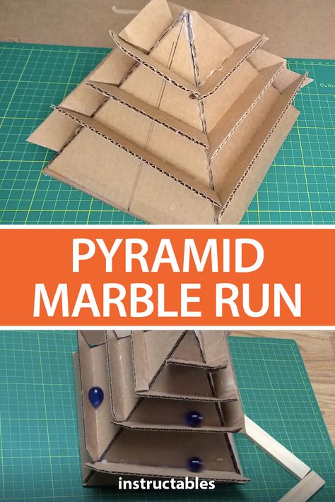 Make a pyramid shaped marble run out of cardboard. #Instructables #kids #activity #maze Cardboard Steam Project, Cardboard Marble Maze, Cardboard Marble Run, Cardboard Pyramid, Diy Marble Run, Cardboard Engineering, Egyptian Models, Marble Tracks, Marble Runs