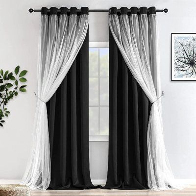 Satin Curtains Bedroom, Black Curtains With White Sheers, Black And White Curtain Ideas, Black And White Curtains Bedroom, Curtain Combination Ideas, Black Bedroom Curtains, Black Out Curtains Bedroom Ideas, Black Curtains Bedroom, White Girls Bedroom