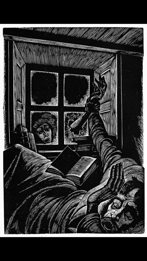 Ghosts- Ghosts are a recurring symbol.  When Lockwood arrives he is visited by Catherine's ghost.  After Catherine's ghost Heathcliff begs for her to haunt him so he isn't alone.       In the end Catherine and Heathcliff's ghosts roam the moors together. The Master And Margarita, Emily Bronte, Wuthering Heights, Woodcuts Prints, Wood Engraving, Ex Libris, Linocut, Printmaking, Book Art