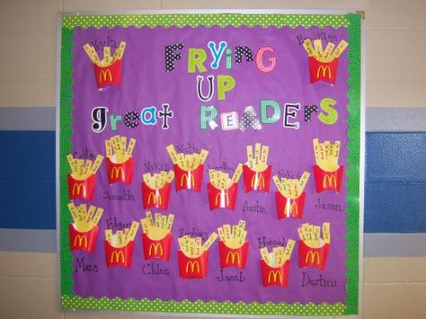 Bulletin board idea for getting students to read. Have students write the name of each book they read on a yellow piece of paper (french fry) and stick it into their container. Literacy Bulletin Boards, Teacher Bulletin Boards, Reading Bulletin Boards, Bulletin Board Design, Library Bulletin Boards, Classroom Bulletin Boards, School Bulletin Boards, First Grade Teachers, Classroom Displays