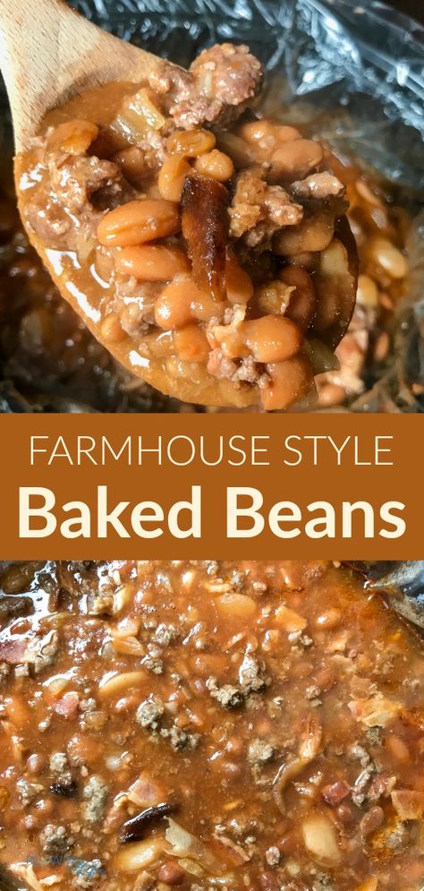 collage of farmhouse baked beans in a crock pot and on a spoon with text Beans With Hamburger Meat, Bacon Crockpot, Baked Beans With Hamburger, Baked Beans Crock Pot, Best Baked Beans, Easy Baked Beans, Baked Beans With Bacon, Bbq Baked Beans, Baked Bean Recipes