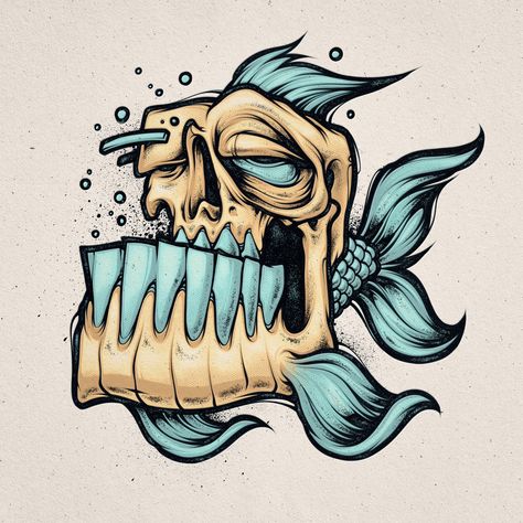 Fish Skull Tattoo, Fish Skull, Skull Tattoo Designs, Zombie Drawings, Top Inspiration, Inspiration Illustration, Skull Top, Graffiti Doodles, Graffiti Characters