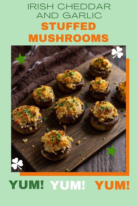 Stuffed mushrooms with text Garlic Stuffed Mushrooms, Irish Appetizers, St Patricks Food, Irish Foods, Tillamook Cheese, Irish Cheddar, Irish Cooking, Mushroom Appetizers, Irish Recipes Traditional