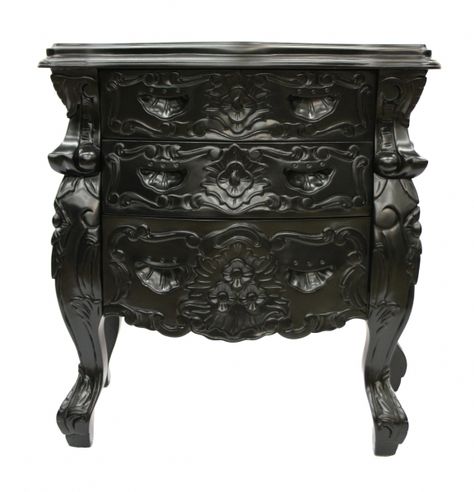 French style rococo furniture black bedside hall table ornate gothic Rococo Bedside Table, Ornate Side Table, Victorian Dressers, Black Bedside, Rococo Furniture, Modern Baroque, Baroque Furniture, Black Bedside Table, Gothic Furniture