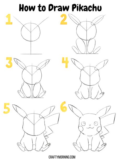 How to Draw Pikachu - Crafty Morning Draw Pikachu, Pikachu Drawing, Pokemon Painting, Pokemon Sketch, Seni Dan Kraf, Naruto Drawings, Drawing Cartoon Characters, Easy Doodle Art, Easy Doodles Drawings