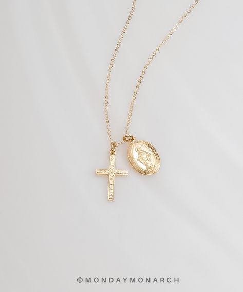 "Pretty duo CROSS and Virgin MARY necklace ♡ Gentle and sparkly, great for layering or as a cute gift for your loved one :) MATERIALS * Comes in Gold Filled and Sterling Silver. * Delicate high quality chain, jump rings and clasp. * Dainty cross charm 16mm in length, virgin Mary charm 15mm in length. LENGTH * Comes in one size 16\"+ 2\"= 18\" in total. * You can measure your neck for your perfect length, the standard length is 18\". PACKAGING & GIFTS We will package your order in a beautiful Silver Cross Necklace Woman, Small Cross Necklace, Cross Necklace Women, Golden Cross, Mary Necklace, Virgin Mary Necklace, Jewelry Cross, Silver Cross Necklace, Gold Cross Necklace