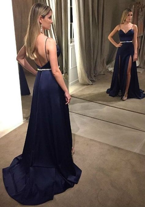 9327969053c0068dd9e07c529866b94ddesc53325993ri Blue Satin Prom Dress, Navy Blue Prom Dress, Simple Prom Dress Long, Split Prom Dresses, Evening Dress Long, Backless Evening Dress, Spaghetti Strap Prom Dress, Formal Dresses Gowns, Backless Prom Dresses