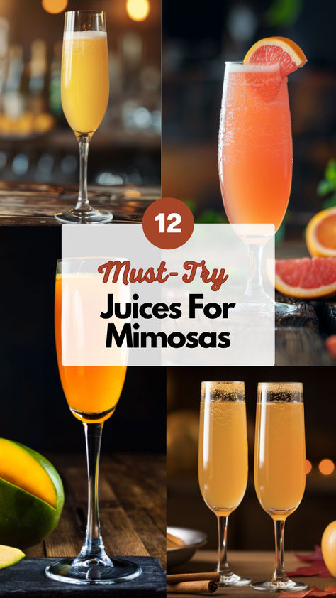 Juices for Mimosas Wine Mimosa Recipe, Mimosa Ideas Brunch Recipes, Different Types Of Mimosas, Mimosa Juice Flavors, Mimosa Bar Juice Flavors, Mimosa Pitcher Recipe, Mimosa Juices, Mimosa Flight Ideas, Types Of Mimosas