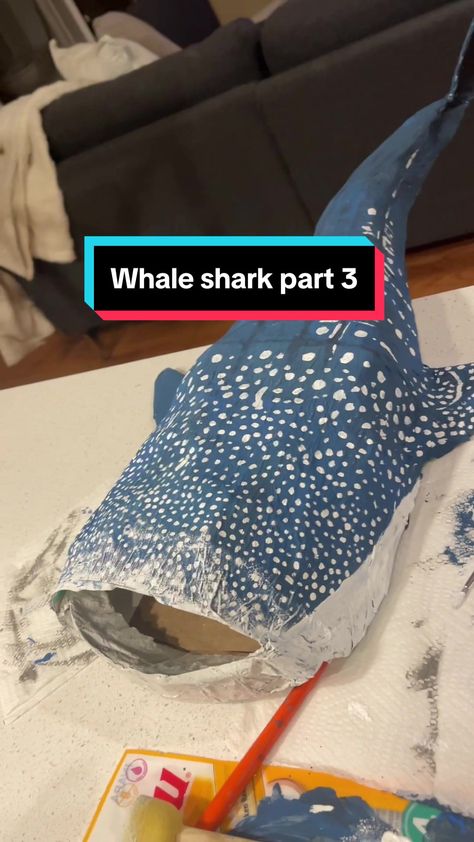 TikTok · Skyler 🌊 Whale Shark Paper Mache, Cardboard Shark, Cardboard Art Sculpture, Shark Painting, Paper Mache Animals, Hammerhead Shark, Cardboard Art, Whale Shark, Next Video