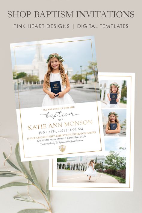 Invite friends and family to your daughter's baptism with this gold minimalist baptism invitation. The invitation features an elegant design that is perfect for celebrating this special occasion. You can easily customize the invitation with your own text and photos in just a few minutes, making it a convenient and beautiful way to invite loved ones to join in the celebration. #ldsbaptism #baptisminvitation #itsgreattobe8 Lds Baptism Invitation, Baptism Invitations Girl, Lds Baptism, Baptism Decorations, Baptism Invitation, Invite Friends, Gospel Of Jesus Christ, Baptism Invitations, Pink Invitations