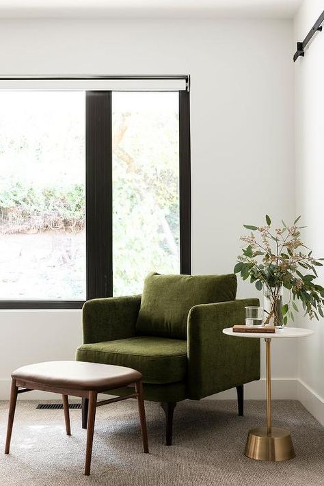 Blue And White Curtains, Cottage Style Bedroom, Brass Accent Table, Green Velvet Chair, Marble Accent Table, Green Lounge, Grey Lounge Chair, Marble And Brass, Blue Accent Chairs