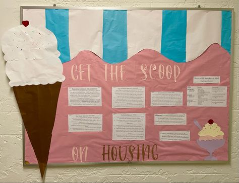 Ice-cream themed bulletin board for housing selection #bulletinboardideas #residential #college Ice Cream Themed Bulletin Board, Get The Scoop Bulletin Board, Ice Cream Classroom Theme Bulletin Boards, Residence Life Door Decs, Ice Cream Bulletin Board Ideas, Ice Cream Bulletin Board, Residence Life Bulletin Boards, Res Life Bulletin Boards, College Bulletin Boards