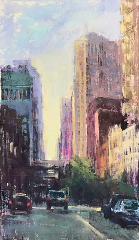 Pastel artist Nancie King Mertz works from photo references and from life en plein air. Known for her cityscapes of Chicago, here she explains... Pastel Cityscape, Background Practice, Vine Charcoal, Pastel Landscapes, Pastel Paint, Paintings Illustration, Animation References, Pastel Landscape, Cityscape Art