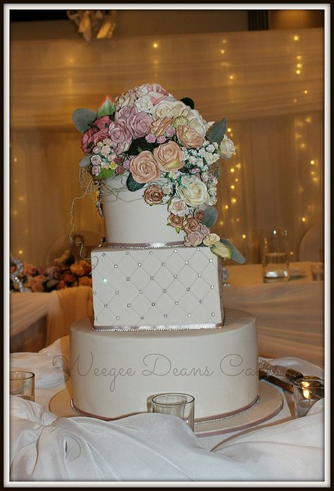 Flowers and Bling Round and square Wedding Cake Square And Round Wedding Cakes, Square Wedding Cake, Round Wedding Cakes, Square Wedding Cakes, Gettin Hitched, White Wedding Cake, Floral Cake, Anniversary Cake, Pretty Cakes