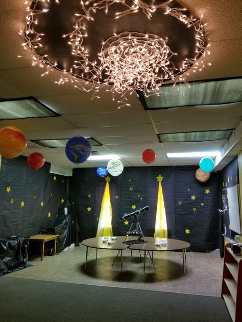 Fellowship Hall- snack station Classroom Ambiance, Space Themed Classroom, Space Theme Classroom, Space Themed Party, Space Classroom, Alien Party, Transportation Preschool, Space Theme Party, Outer Space Party