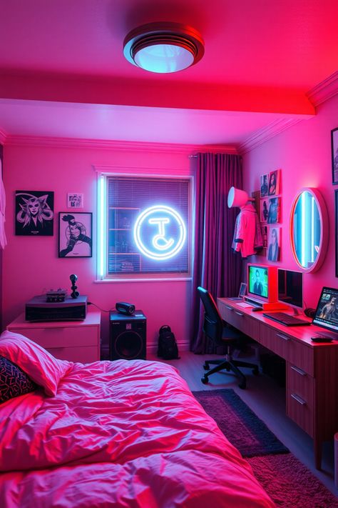 Get ready to transform your space with these 10 amazing cyberpunk bedroom ideas! Whether you're a fan of neon lights, sleek metallics, or futuristic decor, we've got powerful tips to brighten up your bedroom. Dive into designs that mix moody colors with stunning LED accents and tech-inspired furnishings. Explore innovative layouts and materials that take your bedroom aesthetics to the next level. Perfect inspiration for gamers and sci-fi lovers alike—create a space that screams style and creativity while keeping hustle conveniences in mind. Let's make your dream bedroom come true today! Neon Bedroom Aesthetic Ideas, Cyberpunk Bedroom Ideas, Cyberpunk Aesthetic Room, Cyberpunk Room Ideas, Neon Bedroom Aesthetic, Cyberpunk Room Decor, Hippie Bedrooms, Gamer Bedroom Ideas, Cyberpunk Bedroom