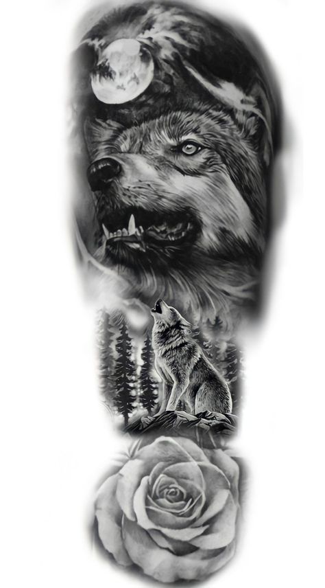 Wolf Rose Tattoo Design, Best Cover Up Tattoos For Women Forearm, Tato Wolf, Wolf Arm Tattoo, Wolf Sleeve Tattoo, Half Sleeve Tattoos Wolf, Tattoo Stencils For Men, Wolf Tattoo Forearm, Wolf Sleeve