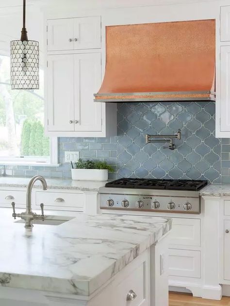 35 Unique Arabesque Tile Backsplash Ideas - DigsDigs Arabesque Tile Backsplash, Contemporary White Kitchen, Brick Backsplash Kitchen, Beach Style Kitchen, Glass Kitchen Cabinets, Copper Hood, Light Gray Cabinets, Ceramic Tile Backsplash, Grey Backsplash