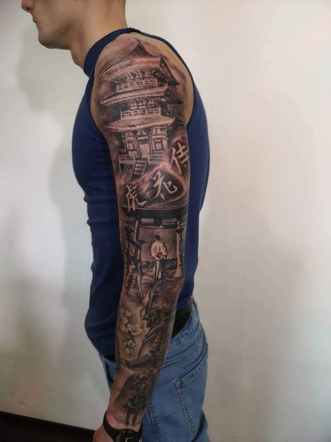 Temple Arm Tattoo, Japanese Temple Sleeve Tattoos, Samurai Temple Tattoo, Japanese Style Tattoo Sleeve, Asian Sleeve Tattoo, Japanese Temple Tattoo Design, Japanese Arm Sleeve, Samurai Sleeve, Japanese Leg Sleeve