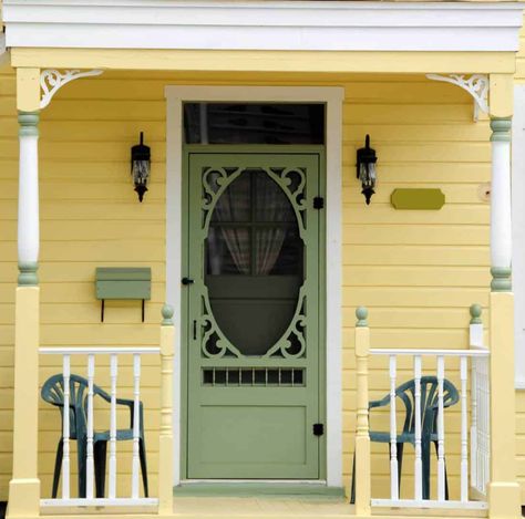 Yellow House Front Door, House Doors Colors, Stained Front Door, Sage Green House, Yellow House Exterior, Yellow Front Door, Decorative Screen Doors, Best Front Door Colors, Pink Front Door