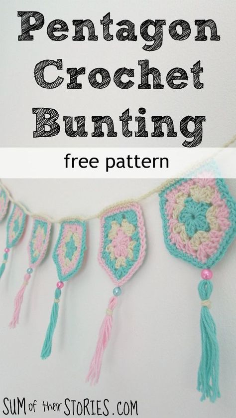 Bunting Crochet Patterns Free, Crochet Banner Garlands, Pentagon Crochet, Crochet Bunting Free Pattern, Crochet Pentagon, Crochet Banner, Crochet Bunting Pattern, Bunting Crochet, Bunting Pattern