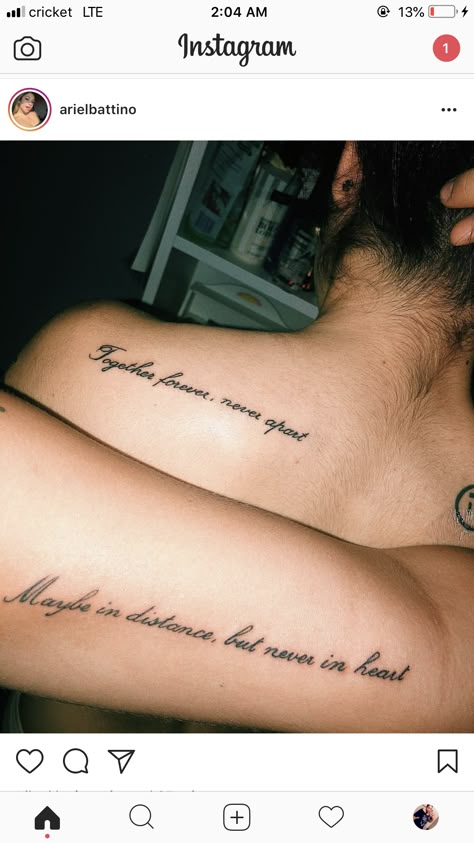 Bff Quote Tattoos, Men Tattoos For Wife, Matching Bios For Couples Ideas, Men’s Tattoo For Wife, Best Friend Lyric Tattoos, Couples Quote Tattoos, Matching Lyric Tattoos, Distance Best Friend Tattoos, Matching Tattoo For Couples