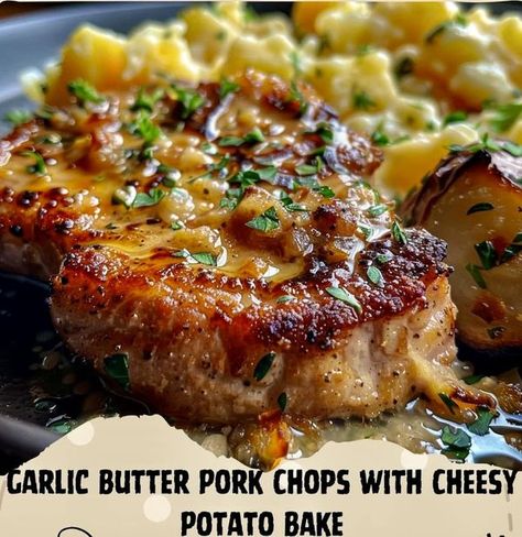 Garlic Butter Pork Chops, Baked Pork Steak, Butter Pork Chops, Pork Chop Dishes, Cheesy Potato Bake, Bone In Pork Chops, Pork Chops And Potatoes, Crockpot Pork Chops, Potato Bake