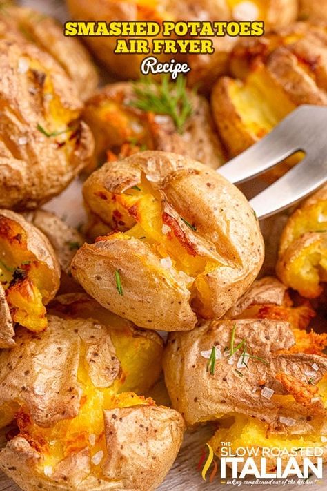 Smashed Potatoes (Air Fryer Recipe!) - The Slow Roasted Italian Smashed Potatoes Air Fryer, Potatoes Air Fryer Recipe, Potatoes Air Fryer, Creamy Dipping Sauce, Slow Roasted Italian, Smashed Potatoes Recipe, Honey Mustard Salmon, Dip Easy, The Slow Roasted Italian