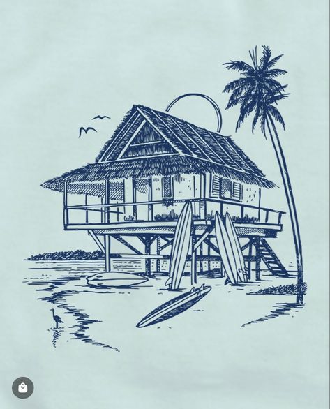 Beach House Sketch, Greek Beach, Surf Aesthetic, Doodle Frame, Palm Tree Art, House Sketch, Cartoon Painting, Aesthetic Movies, Doodle Drawings