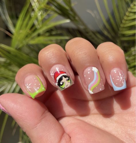 Gel X short nails set for the holiday season. Such a cute Powerpuff Buttercup set nail inspo Nails Acrylic Power Puff, Powerpuff Heart Nails, Blossom Powerpuff Nail Art, Bubbles Nails Powerpuff, Powerpuff Girl Nail Art, Powerpuff Girls Nail Art, Powerpuff Girls Heart Nails, Powerpuff Girls Buttercup, Buttercup Powerpuff Girl