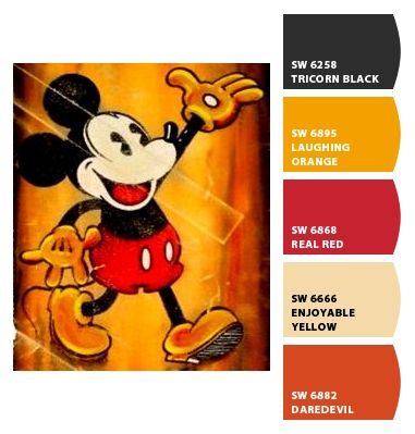 Paint colors from Chip It! by Sherwin-Williams Nerd House, Disney Decorations, Yarn Color Combinations, Disney Princess Colors, Tema Disney, Mouse Color, Sherwin Williams Paint Colors, Orange Paint, Disney Colors