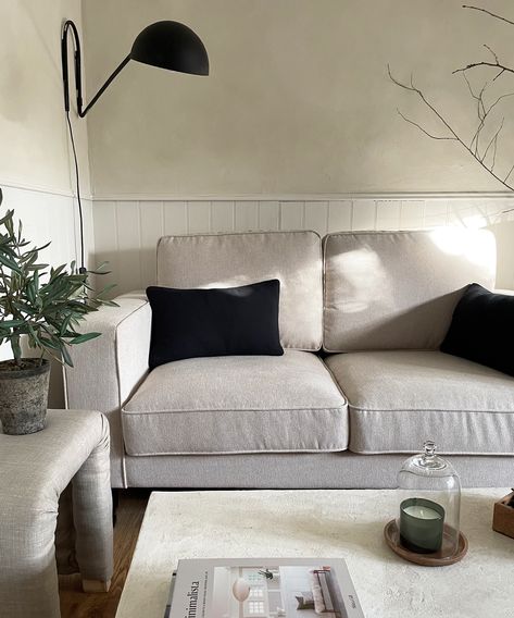 Cream sofa with black cushions in living room decorated with white half-height panelling and limewash upper walls Dusk Hampshire Sofa, Plush Sofa Dfs, Dusk Sofa, Boston Sofa, Cosy Living Room, Plush Sofa, Best Investments, Decor Bedroom, Home Decor Bedroom