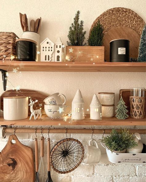 Kitchen Shelves Christmas Decor, Christmas Kitchen Shelf Decor, Christmas Kitchen Shelves, Themed Shelves, Kitchen Shelf Styling, Shallow Shelves, Pottery Barn Style, Kitchen Floating Shelves, Coin Café