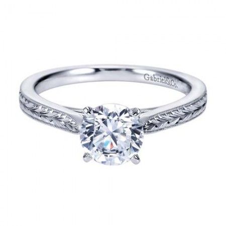 14K White Gold Carved Solitaire Engagement Ring - this ring is so delicate and pretty! And under $1,000 too! Fine Engagement Rings, Cheap Engagement Rings, Antique Engagement Ring, Engagement Rings Affordable, Top 10 Engagement Rings, Yellow Gold Wedding Band, Round Engagement Rings, Round Diamond Ring, Round Diamond Engagement Rings