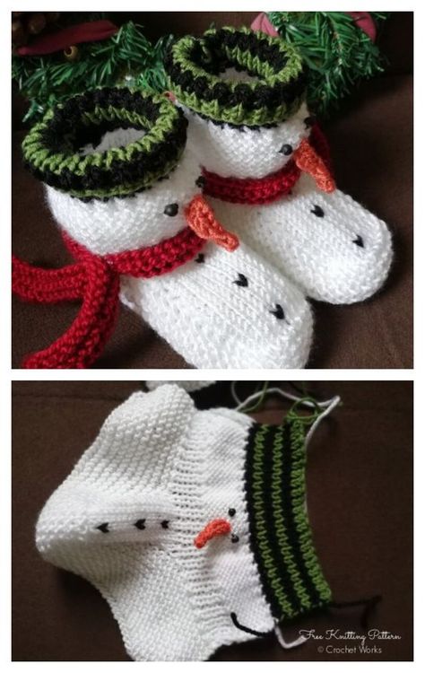 Snowman Knitting Pattern Free, Knitted Baby Booties Free Pattern, Baby Socks Free Knitting Pattern, Baby Mittens Knitting Pattern, Christmas Socks Pattern, Christmas Knitting Projects, Baby Socks Pattern, Crochet Baby Mittens, Snowman Baby