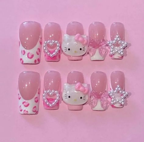 Hello Kitty Nail, Kitty Nail, Hello Kitty Y2k, Kitty Nails, Girly Acrylic Nails, Hello Kitty Nails, Hello Kitty Pink, Pretty Gel Nails, Really Cute Nails