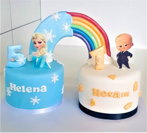 Daughter loves Frozen and son loves Boss Baby? No problem! #frozencake #elsa #bossbaby #kidscakes #rainbow Son And Daughter, Frozen Cake, Personalized Cakes, Novelty Cakes, Boss Baby, Cakes Cupcakes, Son Love, Cakes And More, Daughter Love